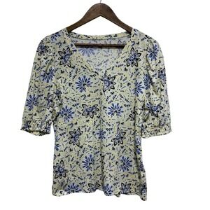 LOFT TShirt Womens L Yellow Blue Short Puff Sleeve V Neck Lightweight Romantic